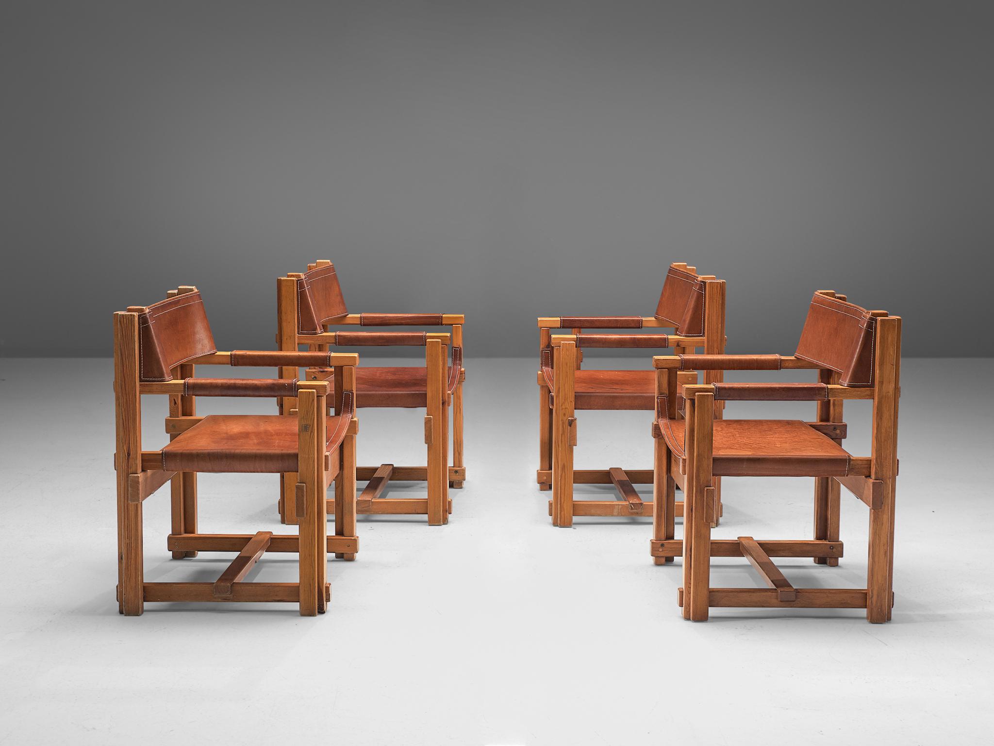 Joan Pou, armchairs, pine, leather, Spain, 1960s

This set of four armchairs from Spain is strict, purist and belongs to the rationalist movement in Spain. The chairs feature an architectural frame, build up from only horizontal and vertical lines.