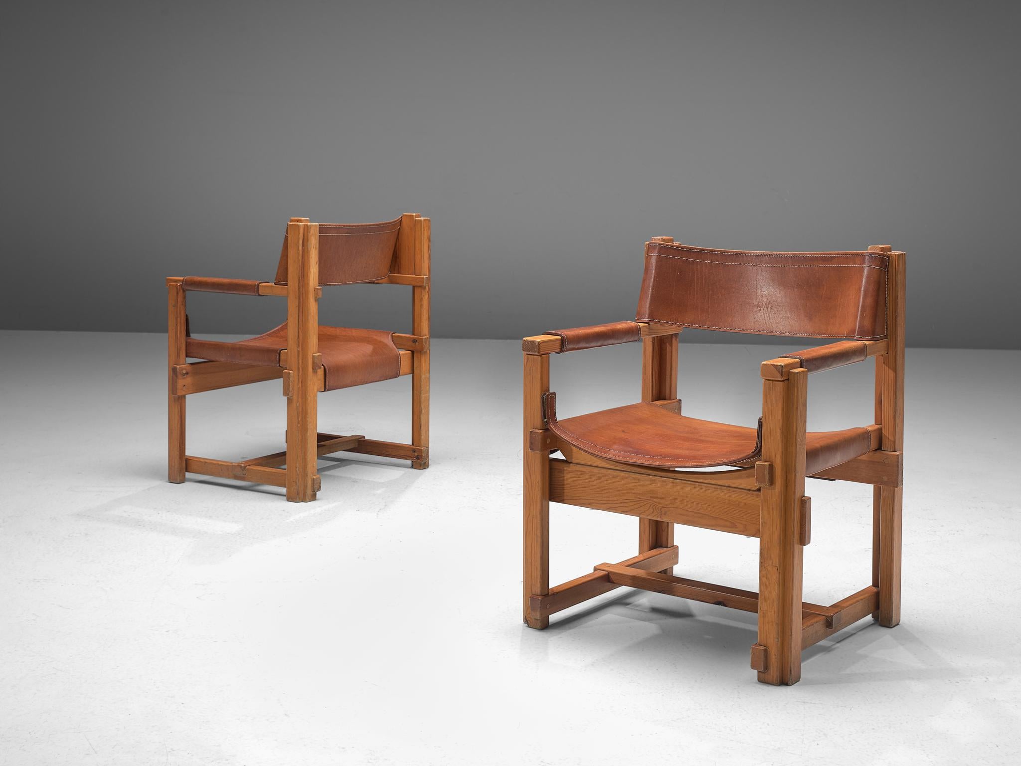 Spanish Joan Pou Set of Four Rationalist Armchairs in Pine and Cognac Leather