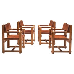 Joan Pou Set of Four Rationalist Armchairs in Pine and Cognac Leather
