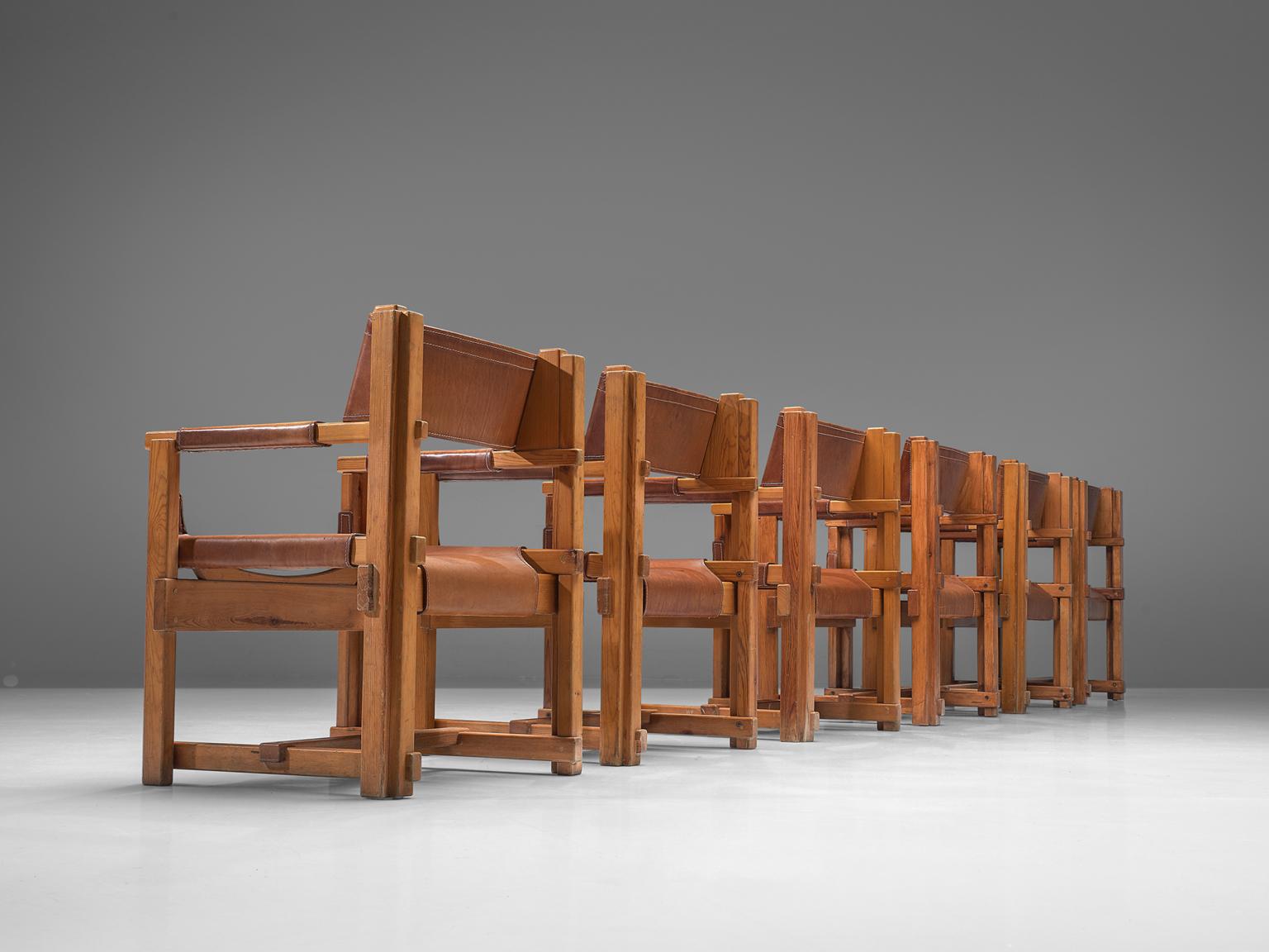 Mid-Century Modern Joan Pou Set of Six Rationalist Armchairs in Pine and Cognac Leather