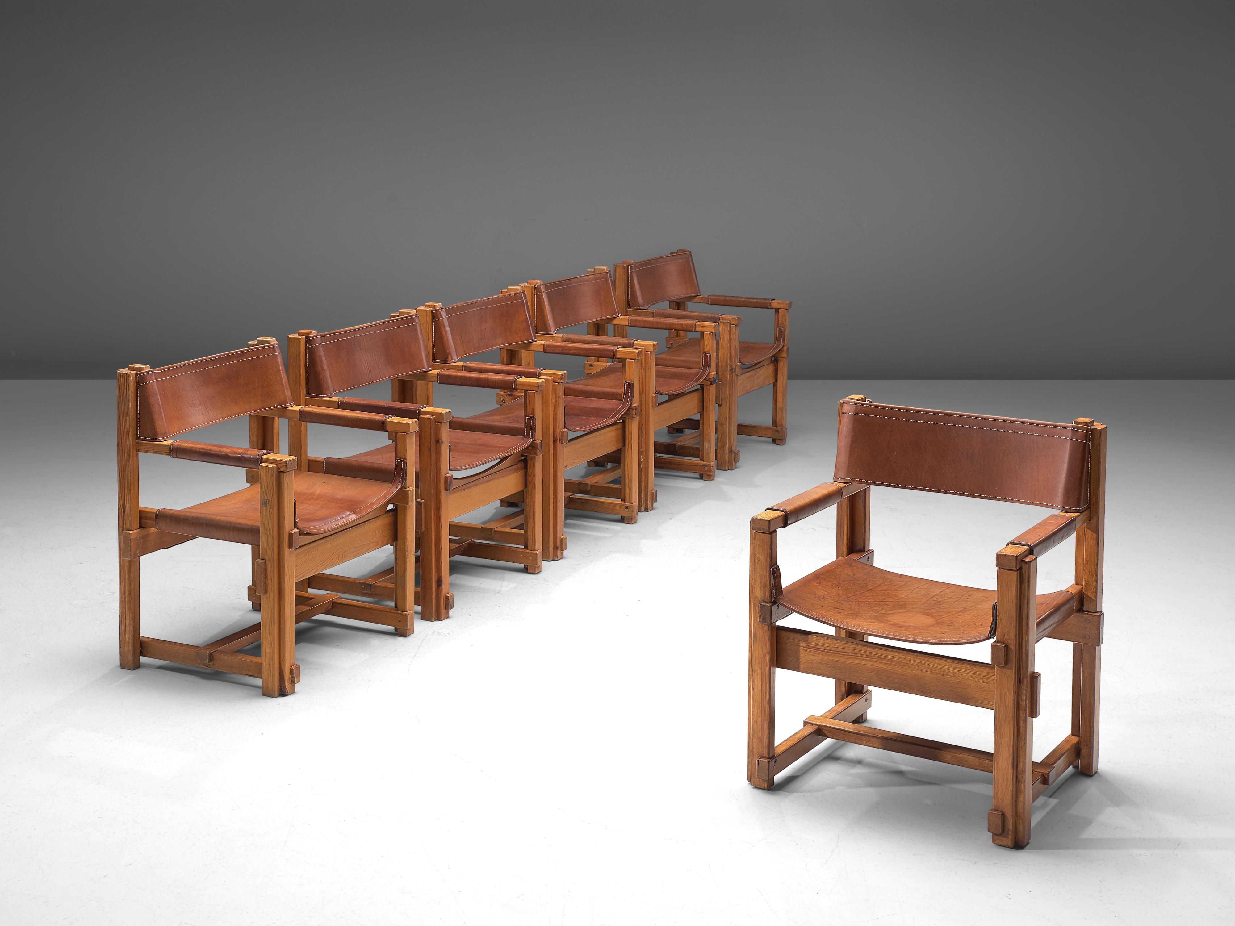 Joan Pou, set of six armchairs, pine and leather, Spain, 1960s

This set of six armchairs from Spain is strict, purist and belongs to the rationalist movement in Spain. The chairs feature an architectural frame, build up from only horizontal and