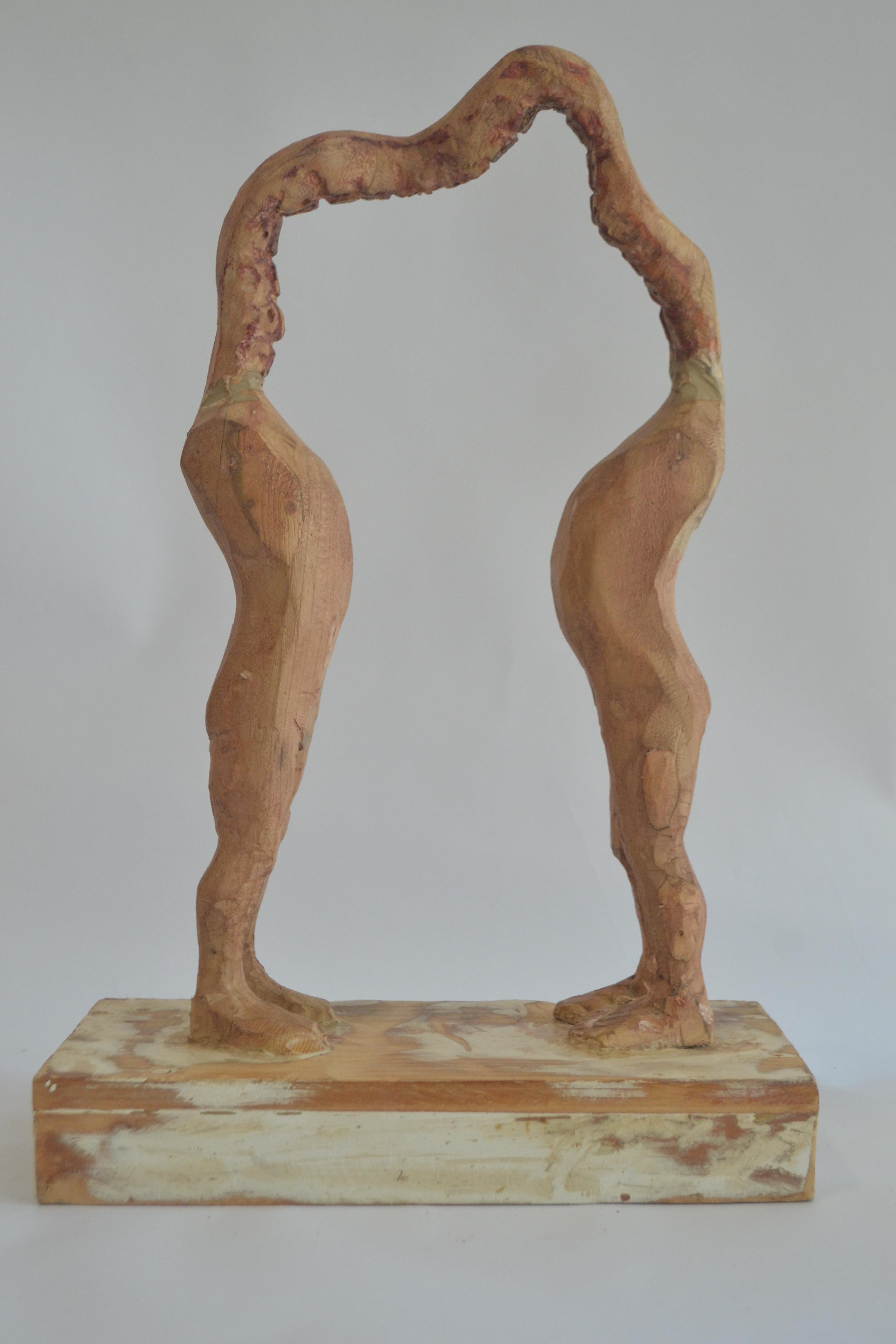 Joan Priego Figurative Sculpture - Carved Pine Wood Double Figure Sculpture Exploring Duality Mirror Self and Human