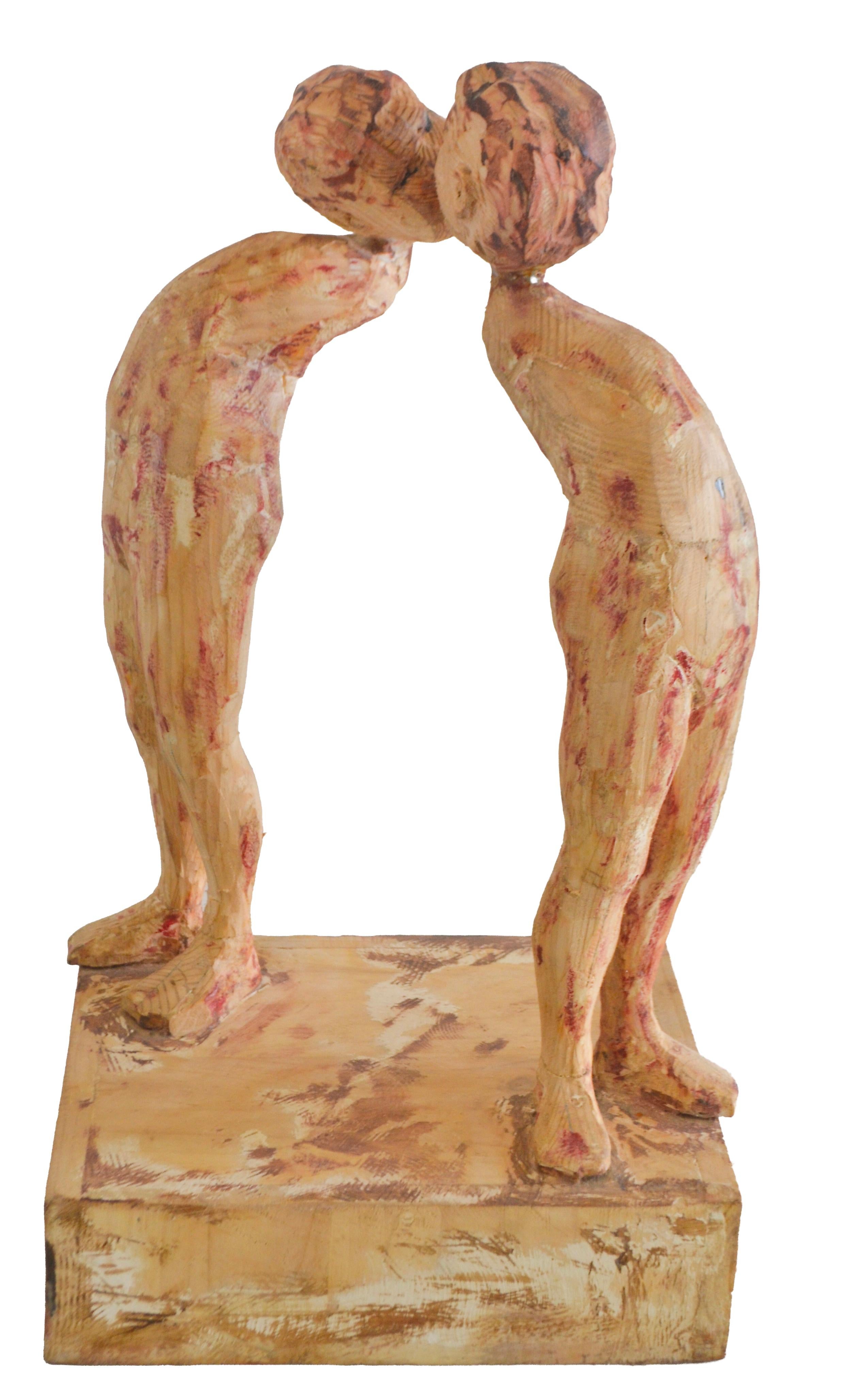 Contemporary Carved Wood Couple Sculpture Expressionist Intimate Figures