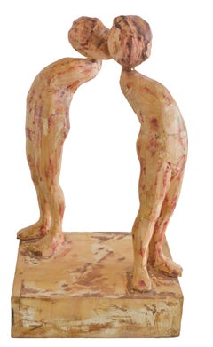 Contemporary Carved Wood Couple Sculpture Expressionist Intimate Figures