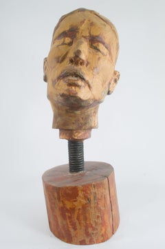 Expressive Male Head on Moving Spring, Carved and Polychromed Wood Sculpture