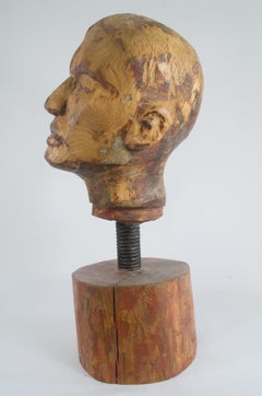 Expressive Male Head on Moving Spring, Carved and Polychromed Wood Sculpture