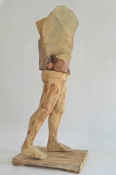 Large Carved Wood Standing Figure Sculpture with Geometric Assemblage and Totem