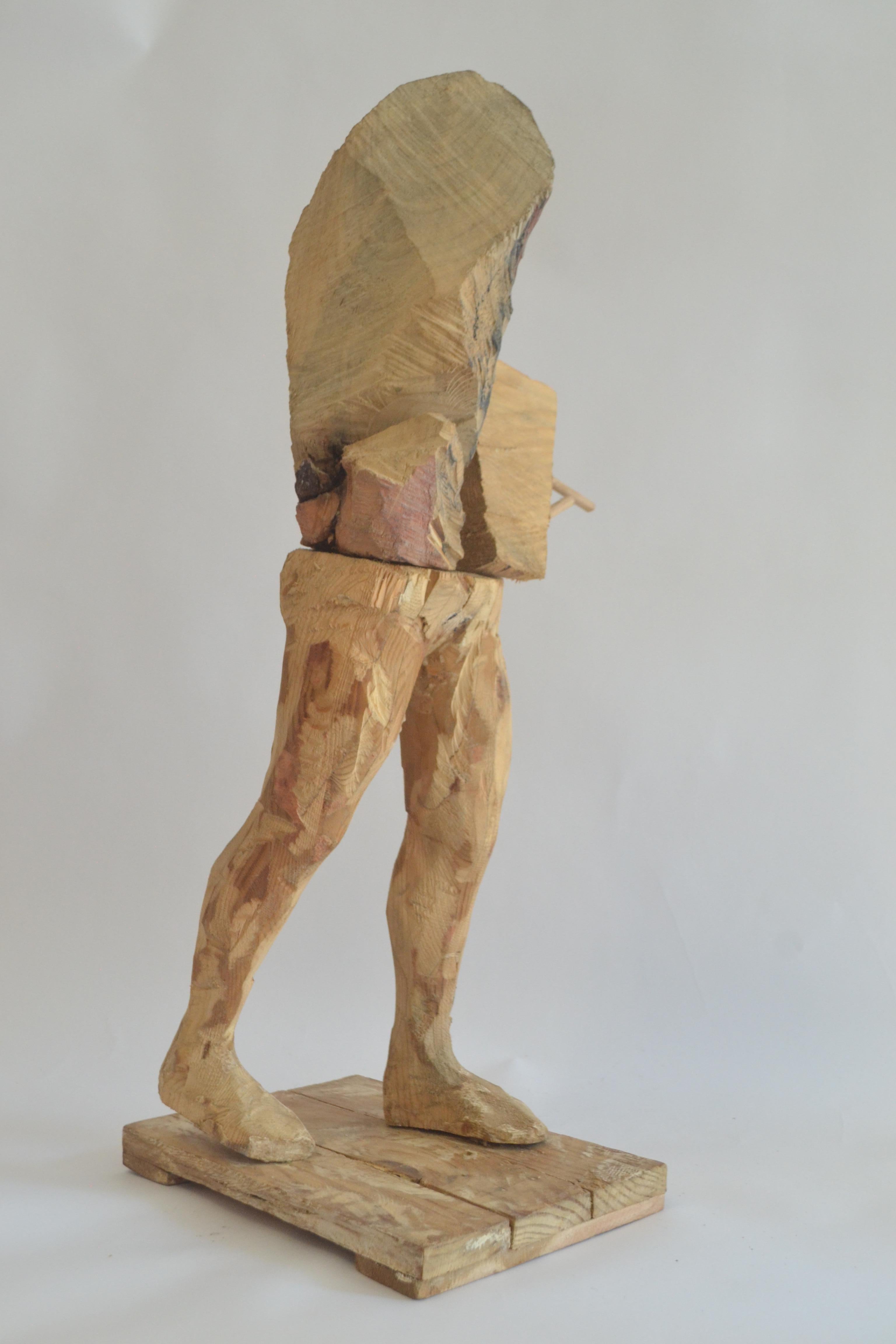 Joan Priego Abstract Sculpture - Large Carved Wood Standing Figure Sculpture with Geometric Assemblage and Totem