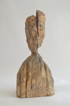 Sculpture expressionniste en bois représentant un buste à la tête fendue – Œuvre d'art sculptée à partir de bois de récupération