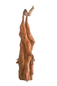 Tall Carved Cypress Wood Sculpture Expressionist Balancing Human Figure