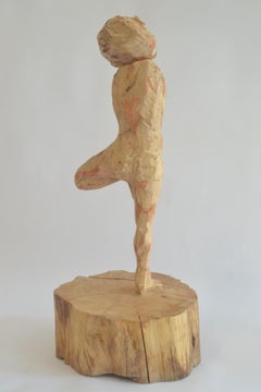 Yoga Figure in Tree Pose, Hand-Carved Cypress Wood Sculpture, Original