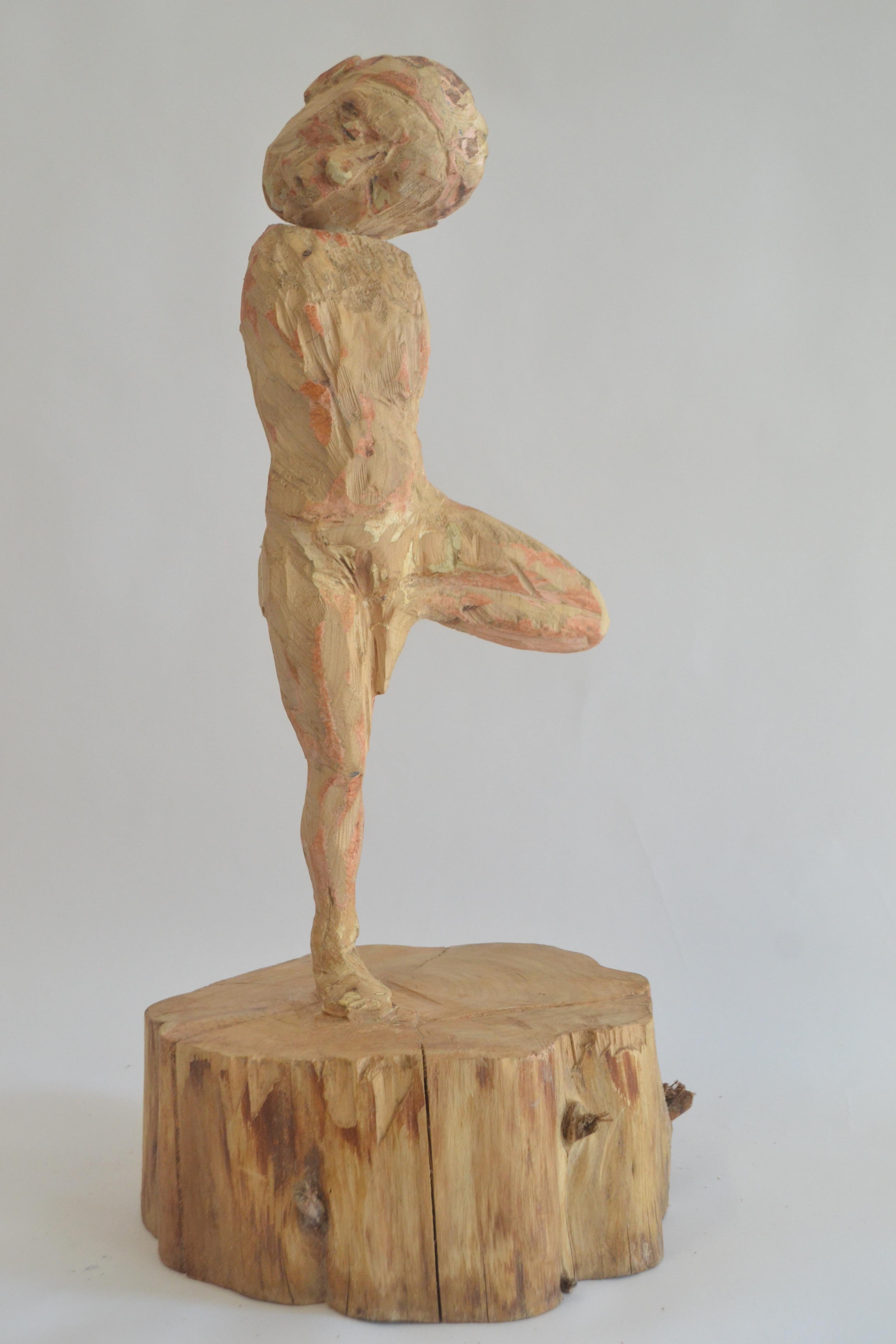 Joan Priego Figurative Sculpture - Yoga Figure in Tree Pose, Hand-Carved Cypress Wood Sculpture, Original