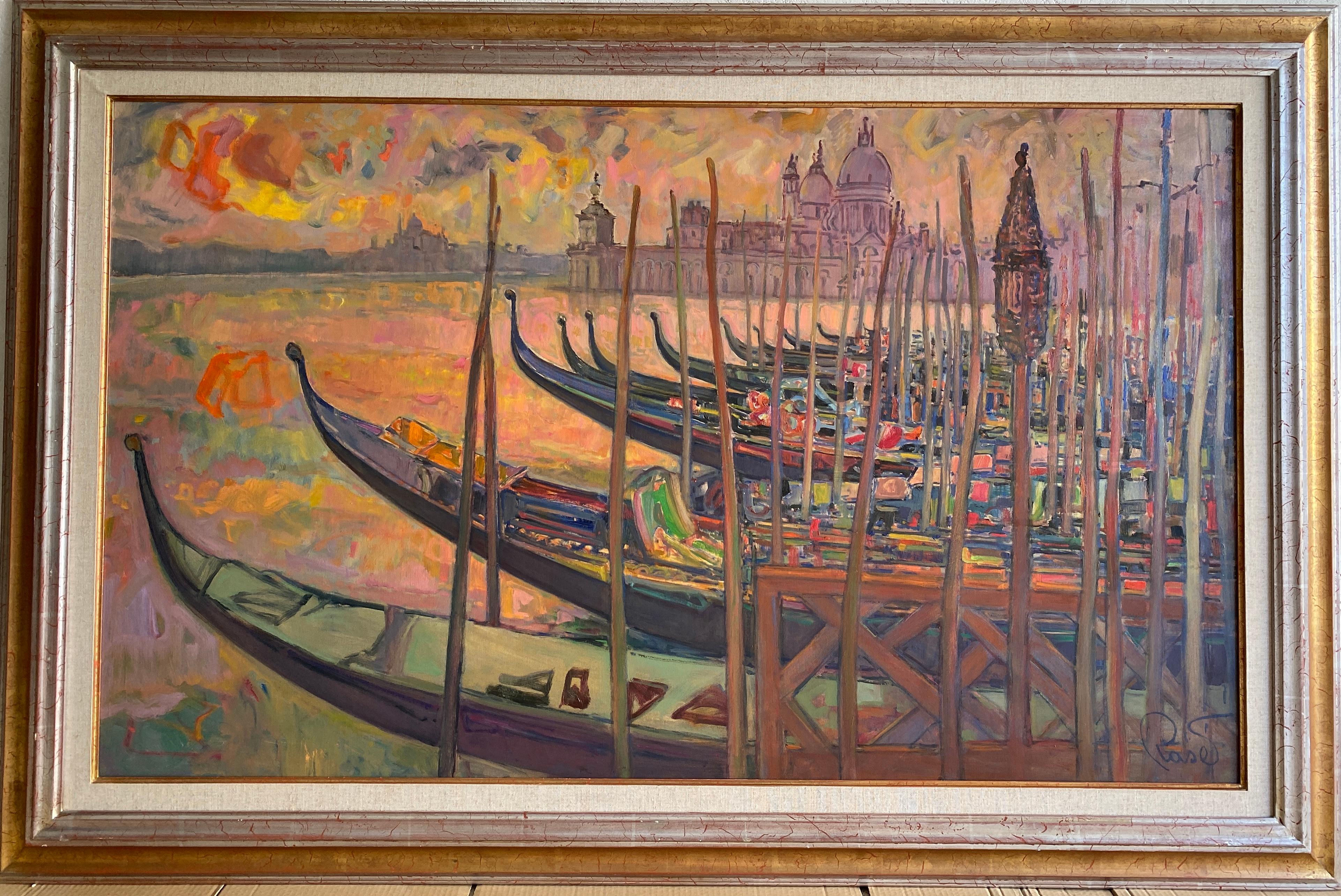 Gondolas vor Santa Maria della Salute Venezia.  – Painting von Joan Raset