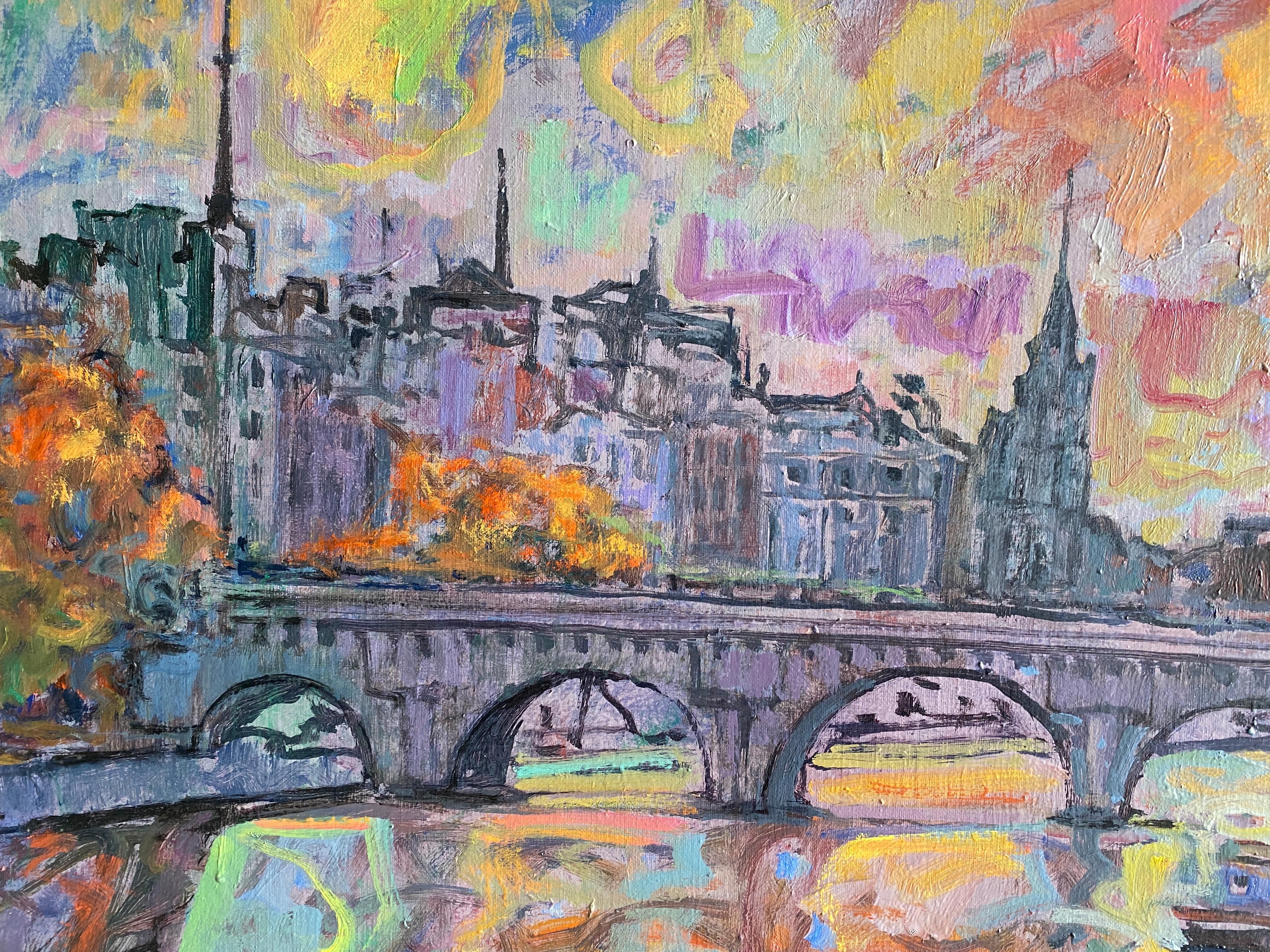 Le Pont Neuf - Paris.   
Oil on canvas by Spanish artist Joan Raset.
Dimension with frame 84 cm H x 104 cm W x 4 cm D
Dimension without frame 73 cm H x 92 cm W x 2 cm D

Beautiful Parisian view with a spectacular light.
In the foreground the waters