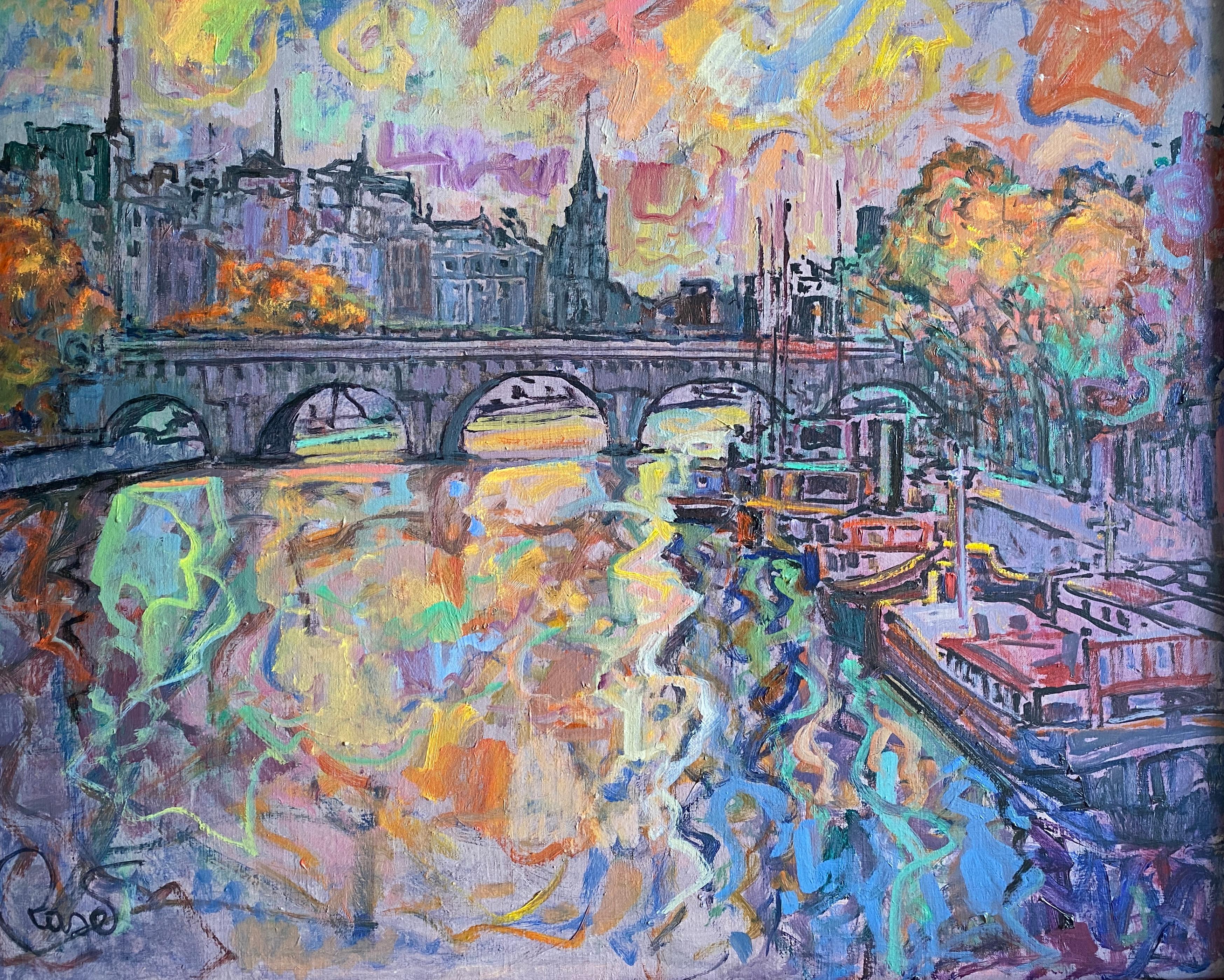 Paesaggio a olio colorato post-impressionista "Le Pont Neuf, Parigi"