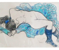 Nude In Blue - Joan Raset Pastel And Charcoal Painting Impressionist