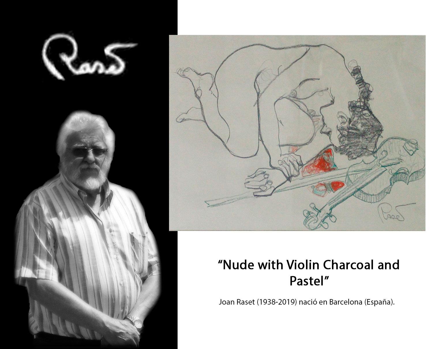 Nude With Violin - Joan Raset Pastel And Charcoal Paper Painting Impressionist For Sale 3