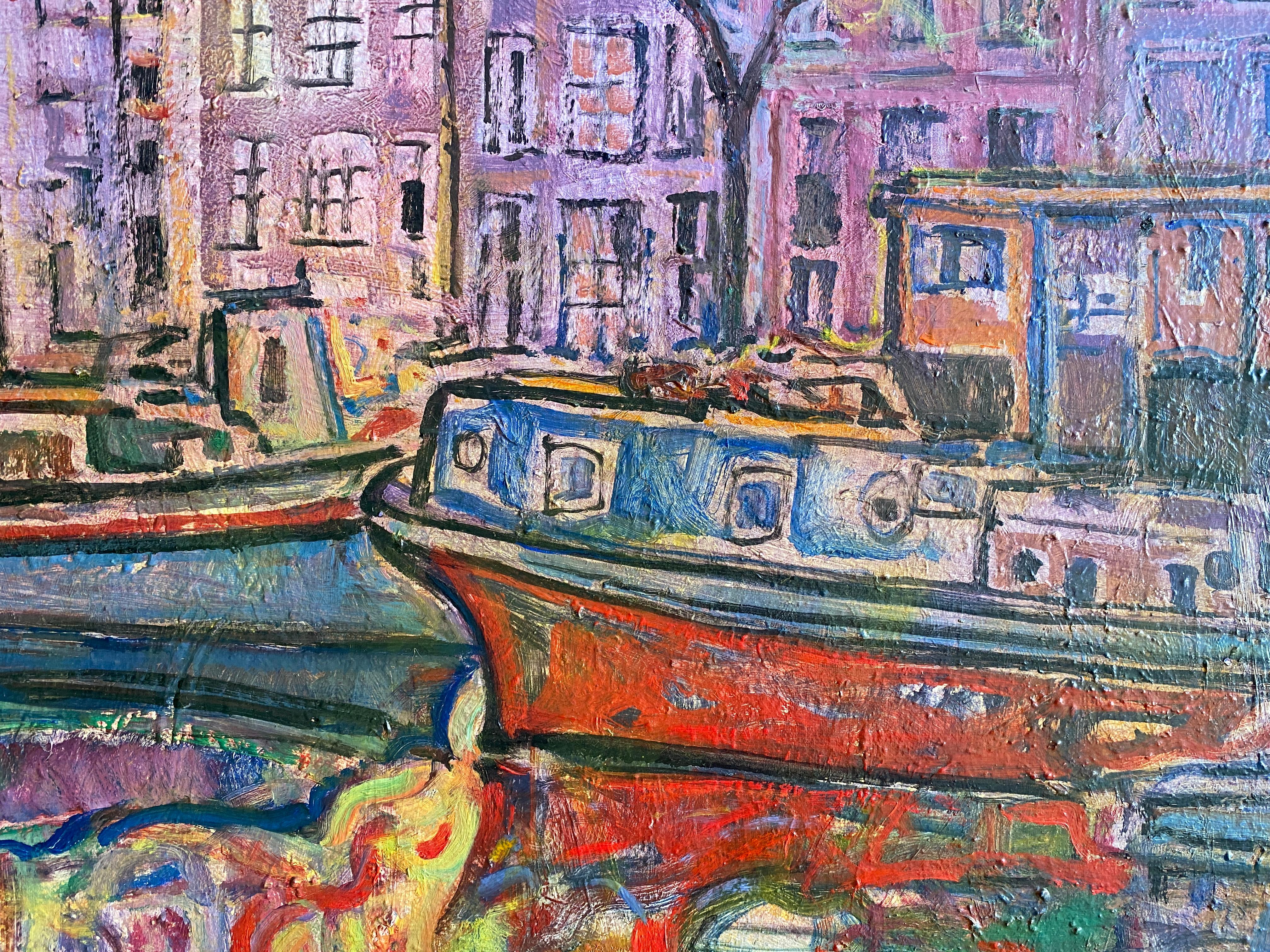 Otoño en Amsterdam (Autumn in Amsterdam  
Oil on canvas by Spanish artist Joan Raset.
Dimension 81 cm H x 65 cm W x 2 cm D

Interesting close up view of an Amsterdam canal in autumn. The author uses a surprising palette of colors that fills this