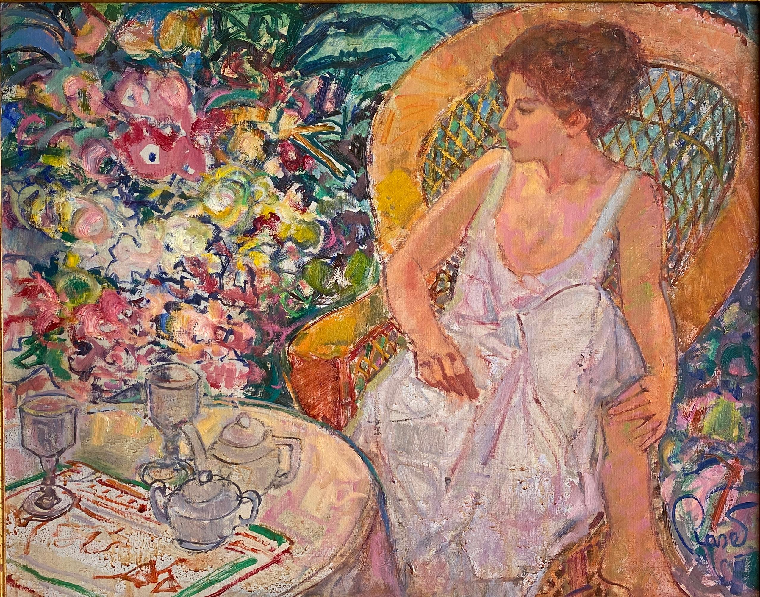 Primavera en jardín (Spring in garden). Post-impressionist female figure sitting For Sale 13