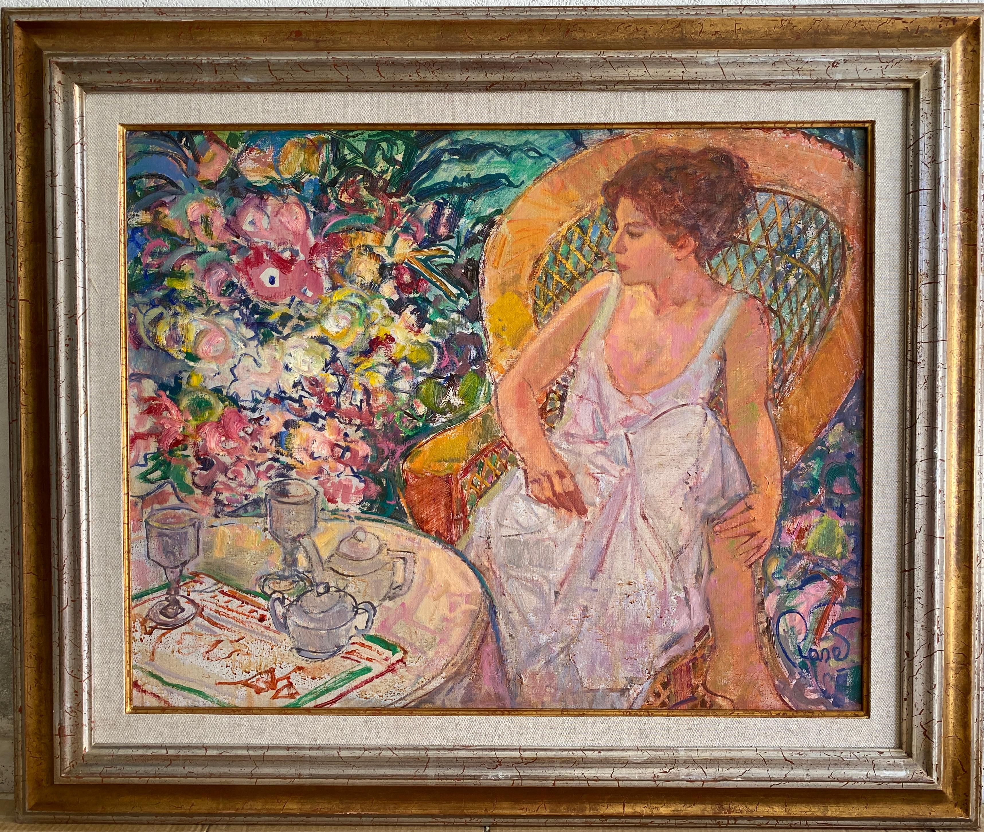 Primavera en jardín (Spring in garden). Post-impressionist female figure sitting - Post-Impressionist Painting by Joan Raset