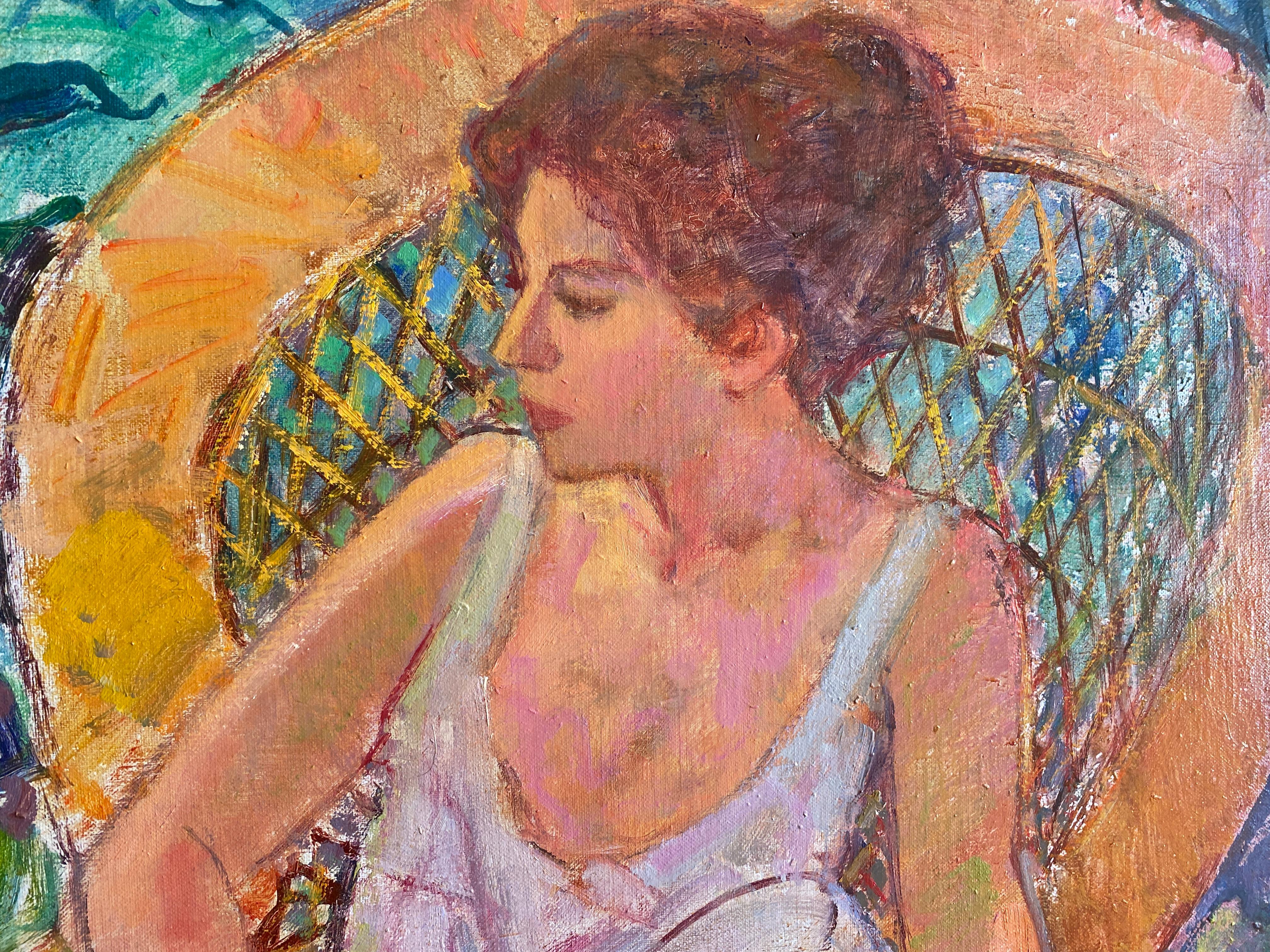 Primavera en jardín (Spring in garden). Post-impressionist female figure sitting For Sale 1
