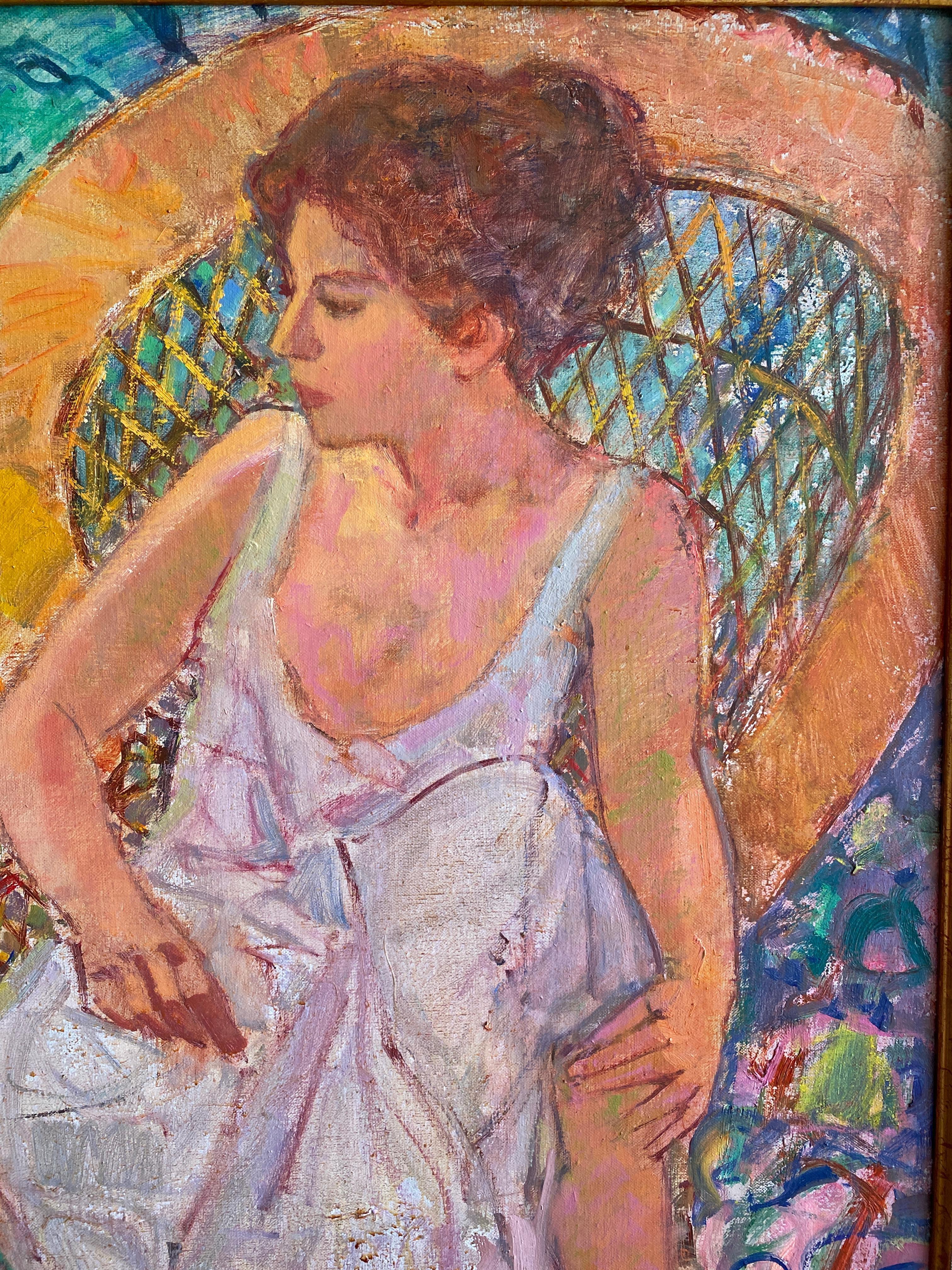 Primavera en jardín (Spring in garden). Post-impressionist female figure sitting For Sale 2