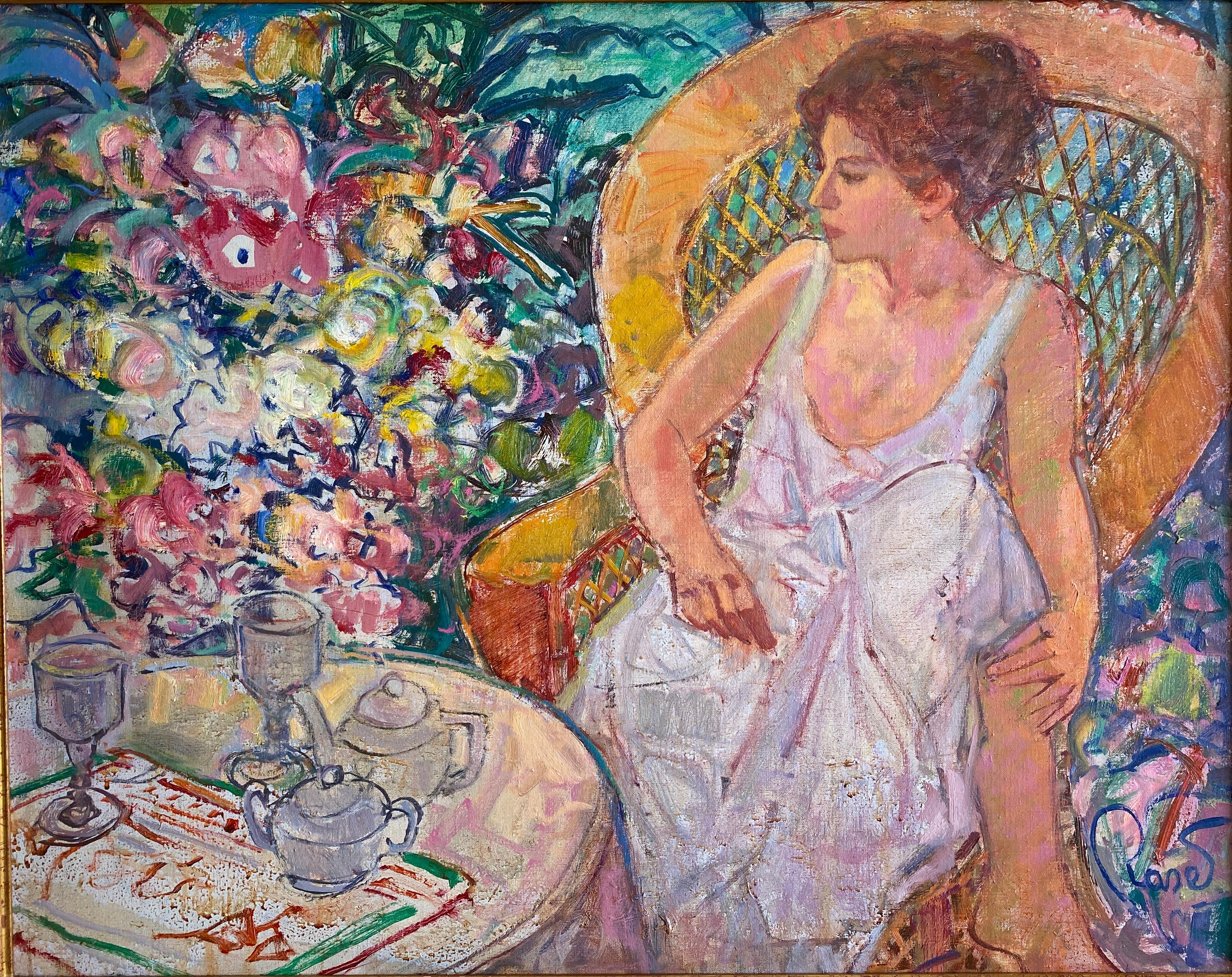 Joan Raset Figurative Painting – Primavera en jardín (Frühling im Garten). Postimpressionistische weibliche Figur sitzend