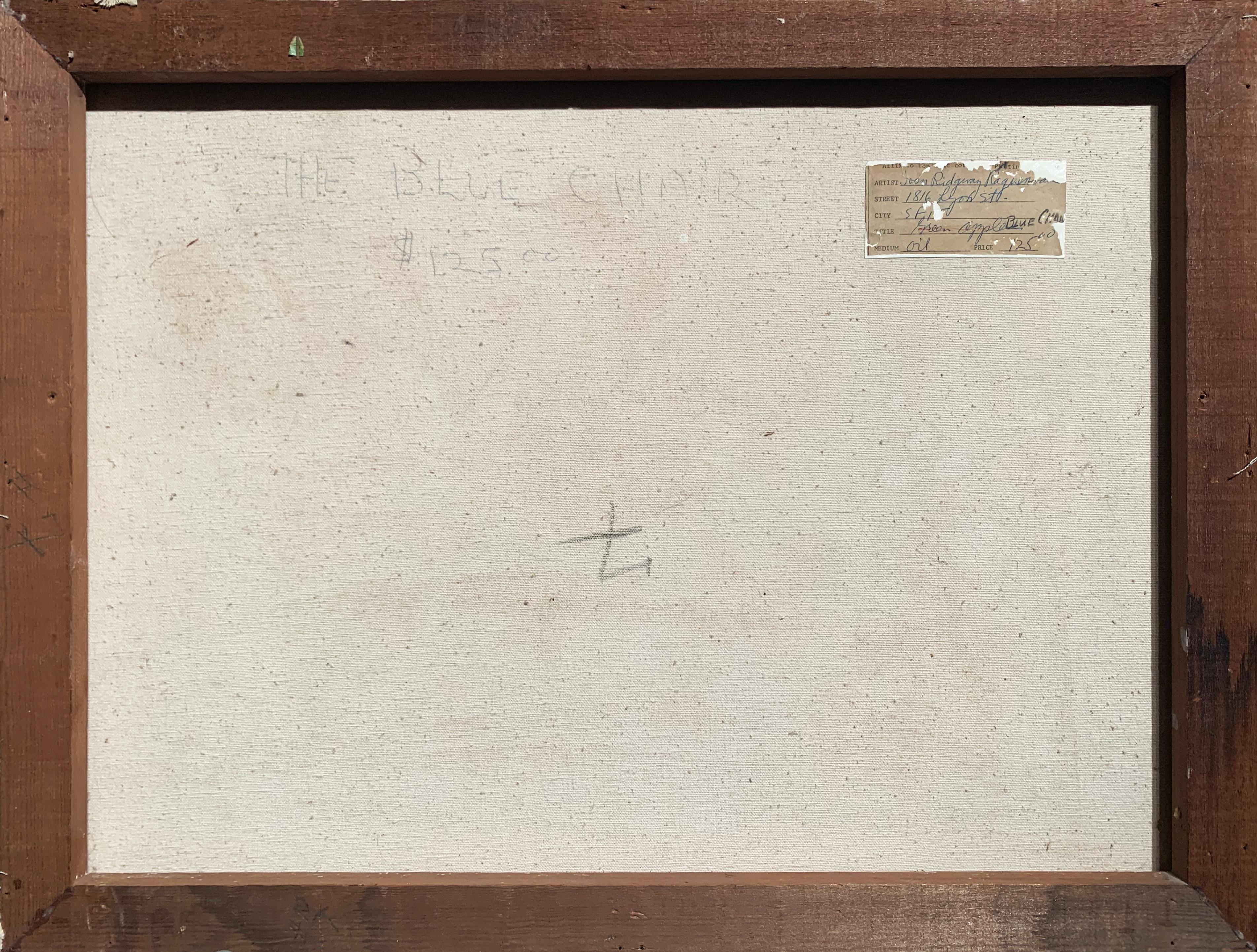 Initialed lower right, 'J.R.' for Joan Ridgway Raguenvan (American, 20th century) and painted circa 1960. Bearing old exhibition label, verso, on stretcher bar with title, 'Blue Chair', signed, 'Joan Ridgway Raguenvan'. Additionally signed, verso,