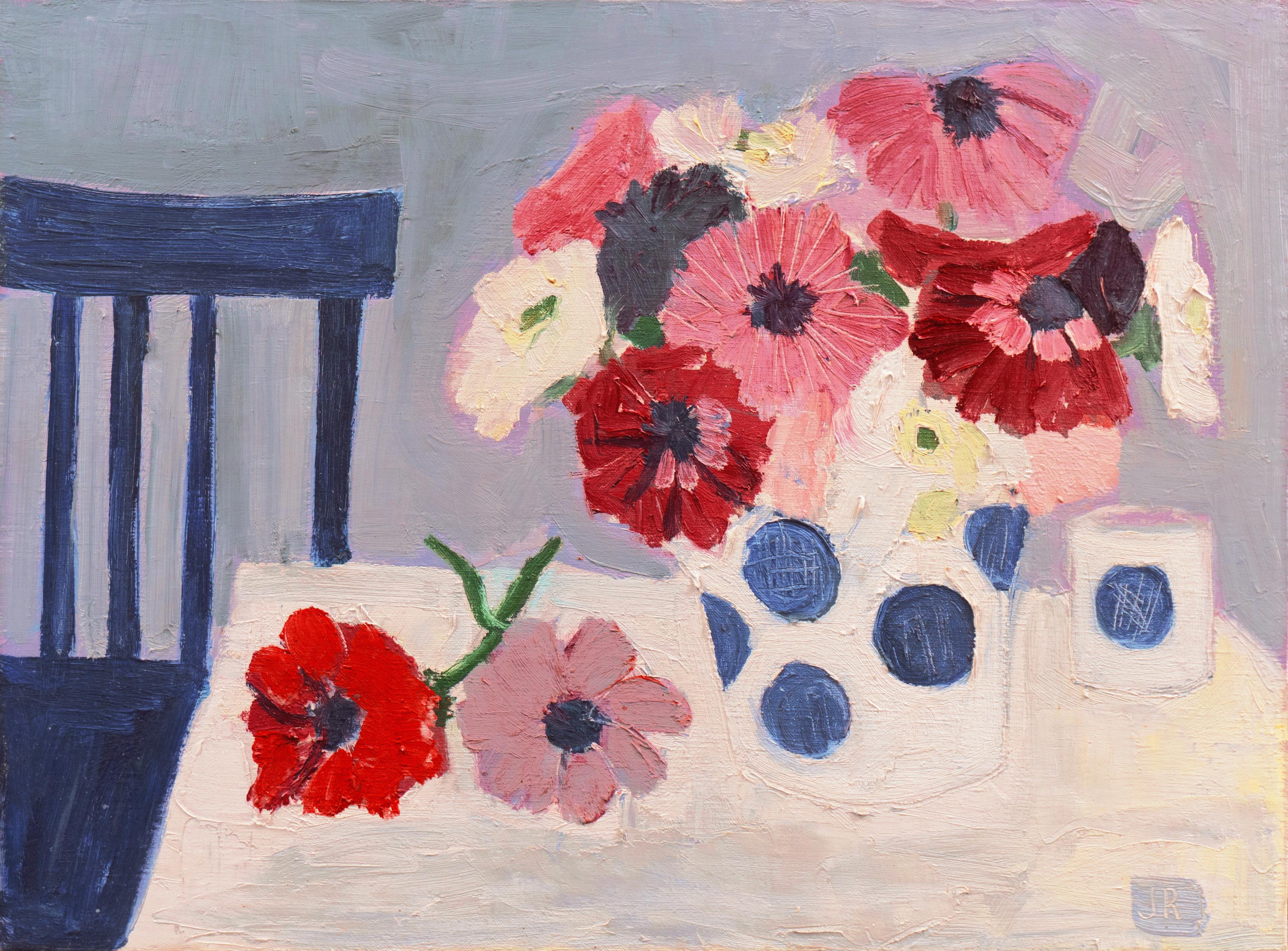 Joan Ridgway Raguenvan (American, 20th century) Still-Life Painting - 'Still Life with Blue Chair and Daisies', San Francisco Bay Area, Woman Artist