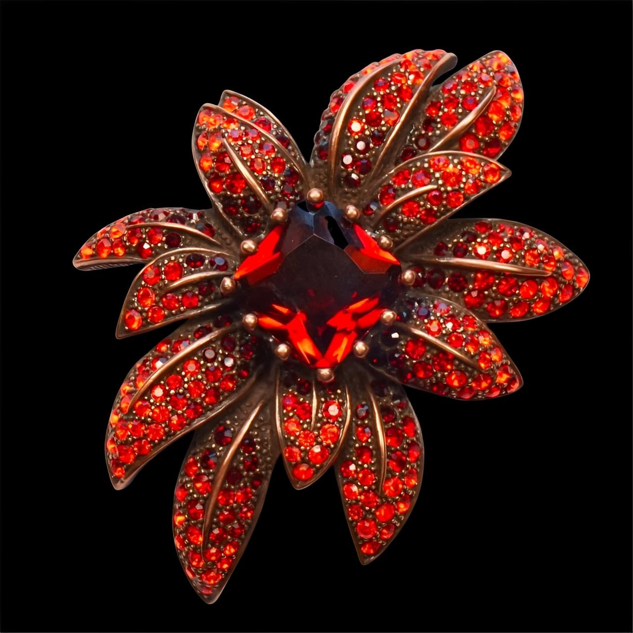 Joan Rivers Broche fleur avec cristaux rouges et pierre de verre ambré en vente 2
