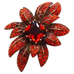 Joan Rivers Flower Brooch with Red Crystals and Amber Glass Stone