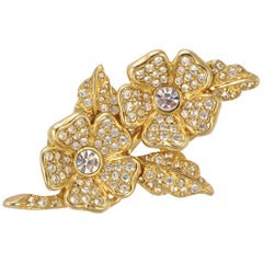 Used Joan Rivers Gold Plated Clear Rhinestone Flower Brooch and Earrings circa 1980s