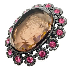 JOAN RIVERS signed dark silver pink stones glass carved cameo designer brooch