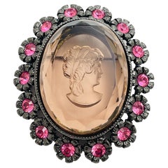 Vintage JOAN RIVERS signed dark silver pink stones glass carved cameo designer brooch