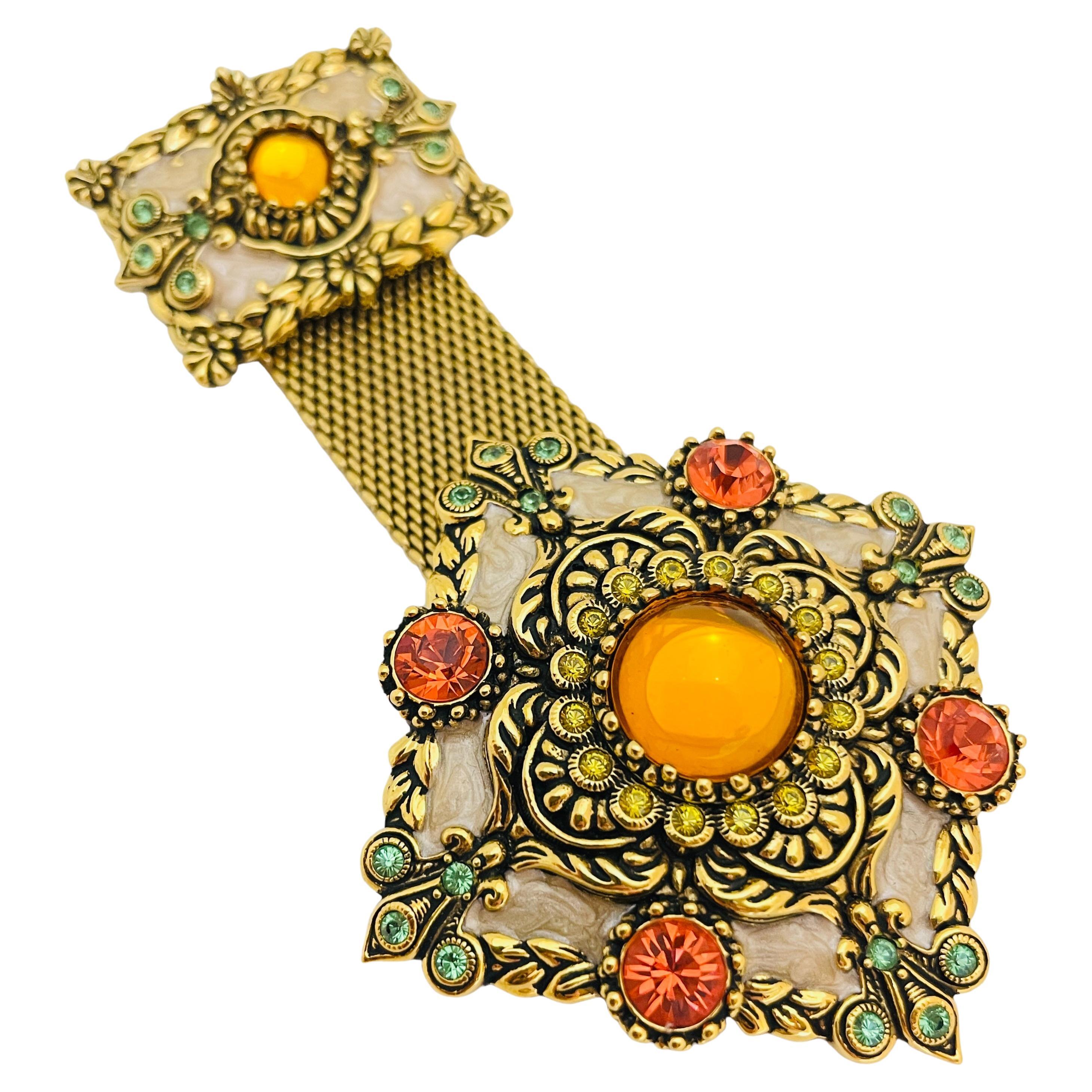 JOAN RIVERS signed gold amber glass enamel designer runway brooch