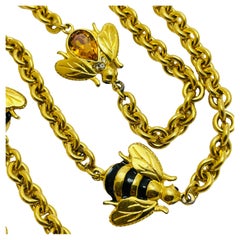 JOAN RIVERS signed gold chain with glass and enamel bees designer necklace