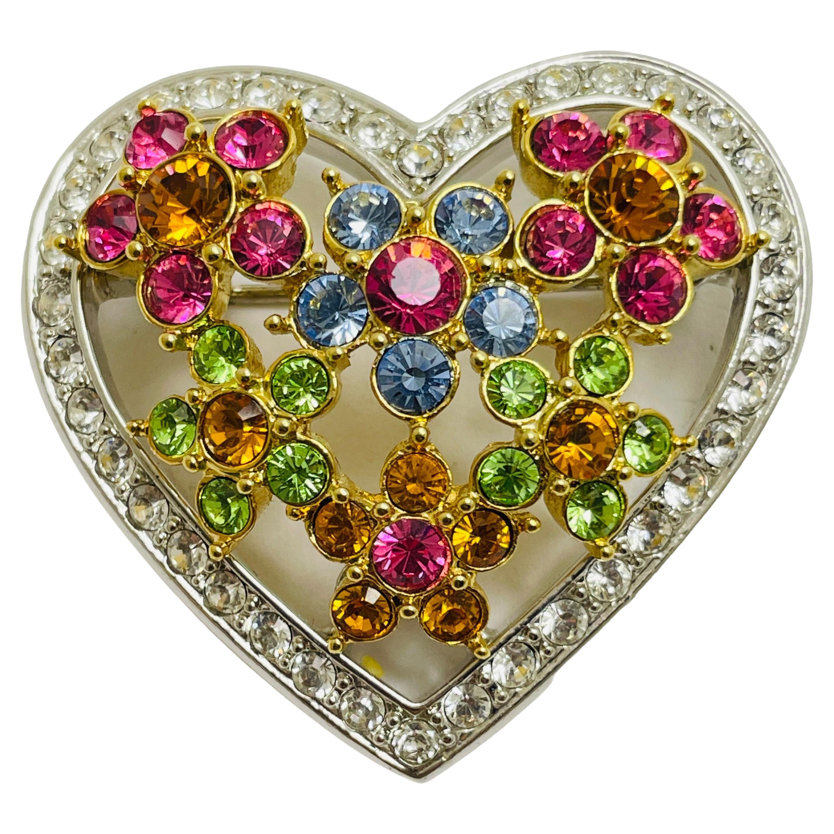 JOAN RIVERS signed heart flowers gold rhinestone designer brooch For Sale