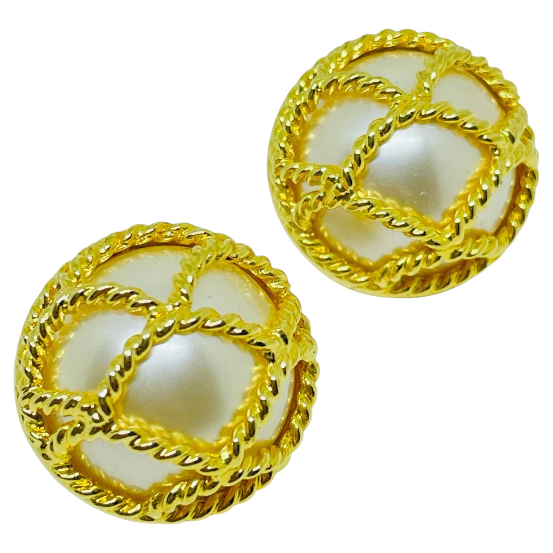 JOAN RIVERS signed vintage gold tone caged pearl designer pierced earrings For Sale