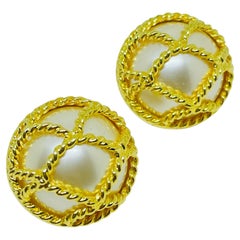 JOAN RIVERS signed vintage gold tone caged pearl designer pierced earrings