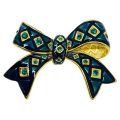 JOAN RIVERS signed vintage gold tone enamel rhinestones bow designer brooch