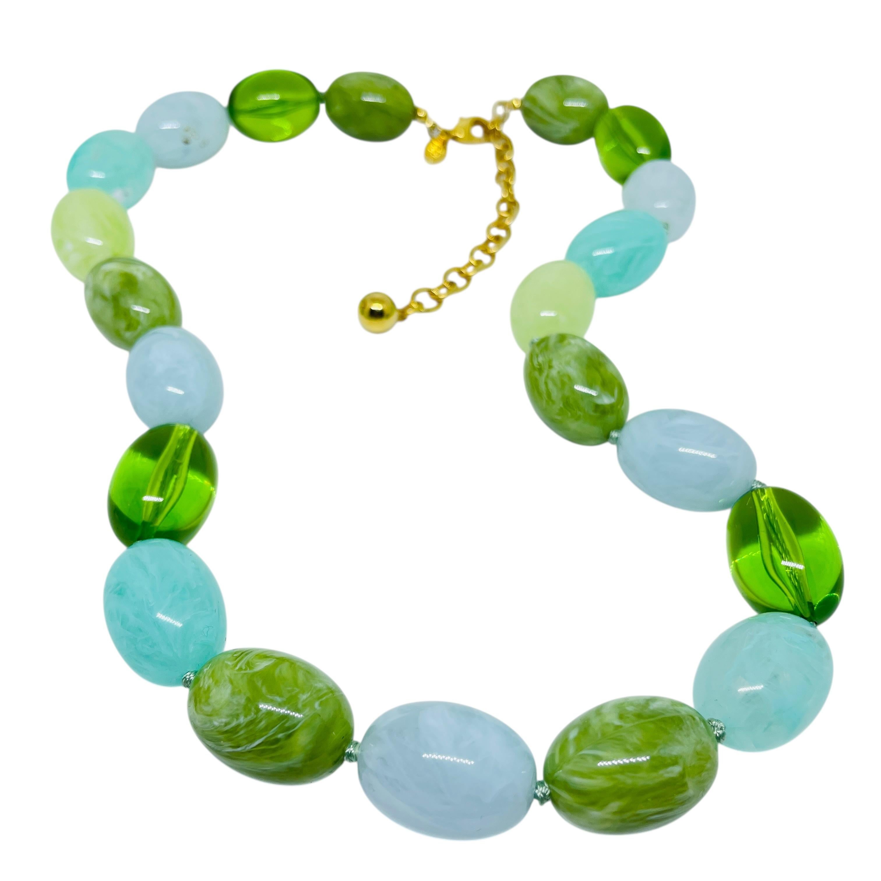 JOAN RIVERS signiert Vintage Gold Ton Harz blau grün Perlen Designer Halskette im Angebot 4