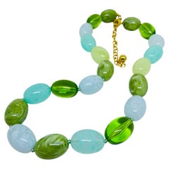 JOAN RIVERS signed vintage gold tone resin blue green beads designer necklace