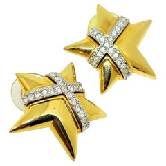 JOAN RIVERS signed vintage gold tone rhinestones stars designer post earrings