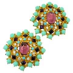 JOAN RIVERS signed vintage gold turquoise amethyst glass stones clip on earrings