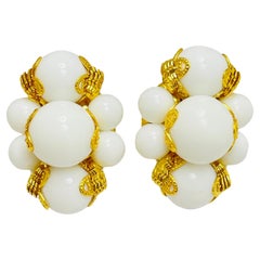 JOAN RIVERS signed vintage gold white cluster designer clip on earrings