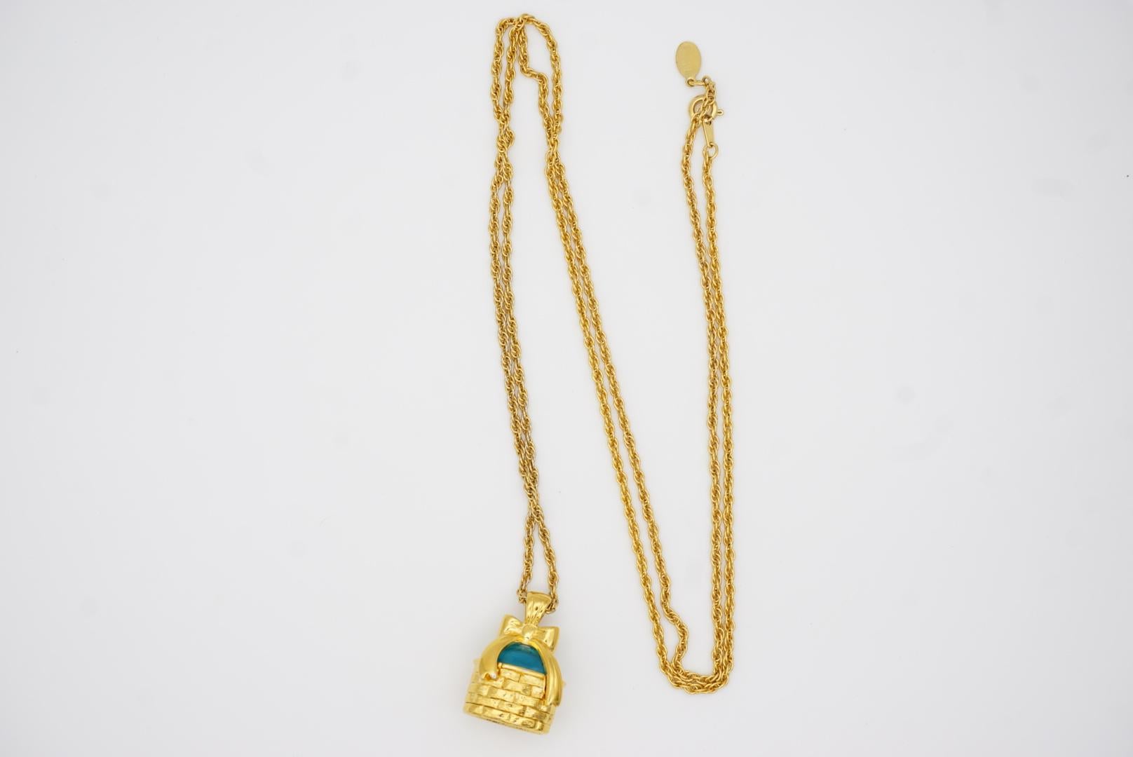 Joan Rivers Vintage Blue Glass Basket Bow Present Pendant Chain Long Necklace For Sale 5