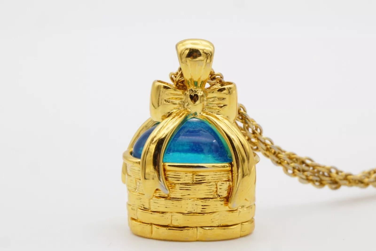 Joan Rivers Vintage Blue Glass Basket Bow Present Pendant Chain Long Necklace For Sale 3