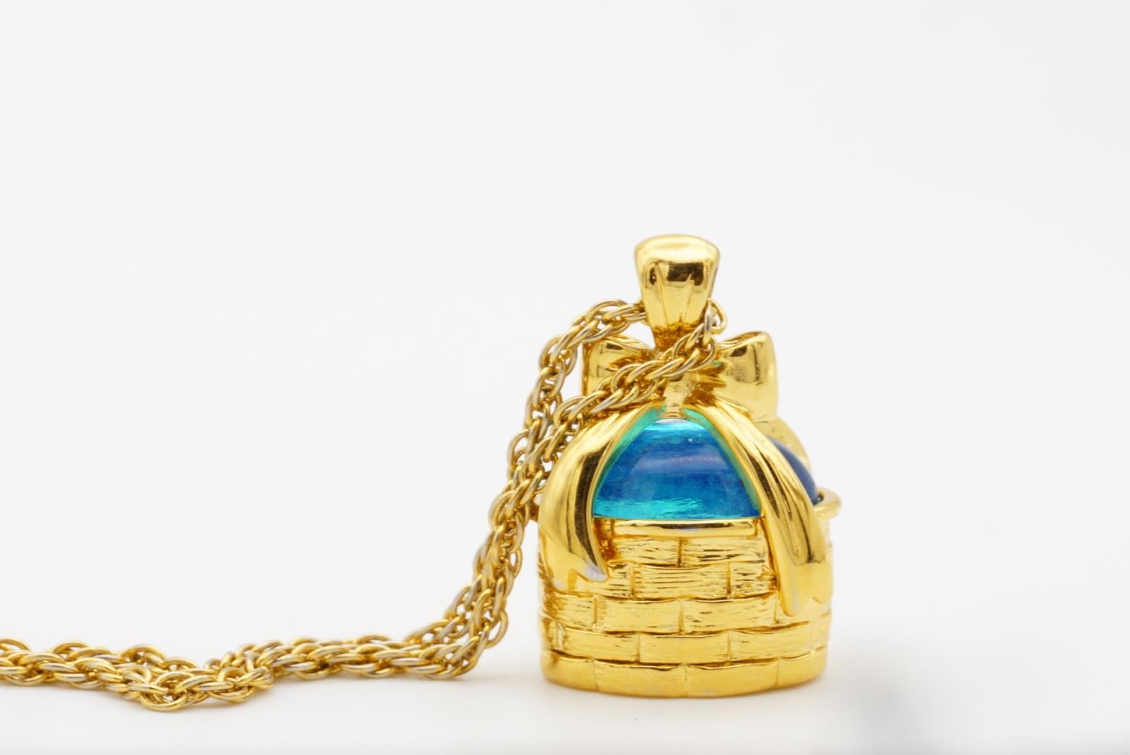 Joan Rivers Vintage Blue Glass Basket Bow Present Pendant Chain Long Necklace For Sale 4
