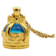 Joan Rivers Vintage Blue Glass Basket Bow Present Pendant Chain Long Necklace