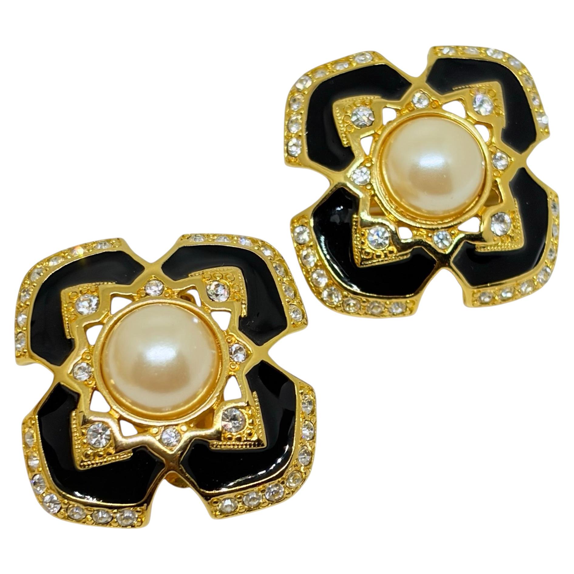 JOAN RIVERS vintage gold enamel pearls rhinestones Maltese cross clip earrings